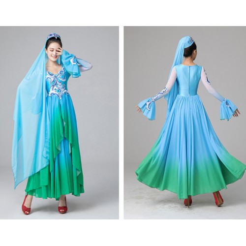 Turquoise Xinjiang dance dresses for Women Chinese Folk dance costumes female minority ethnic style Uighur performance clothes